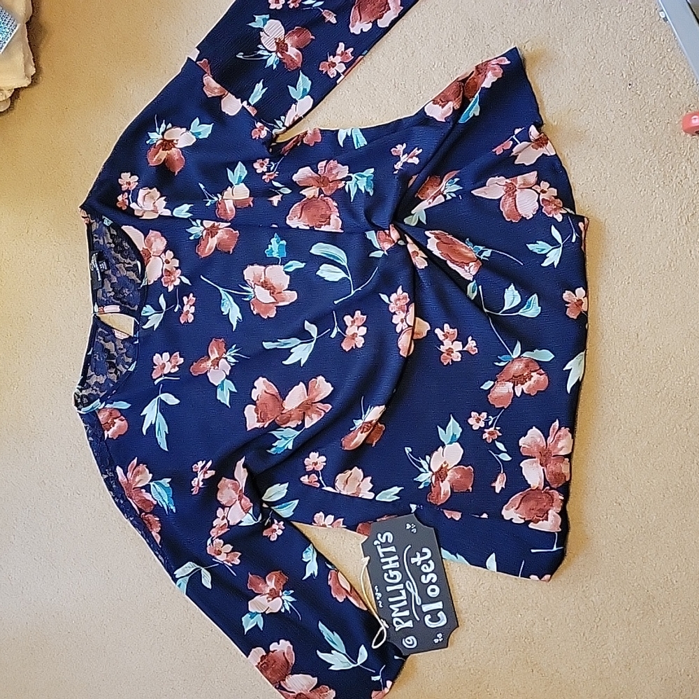 Suzanne Betro 1X Blouse Navy Rose Pink Green Floral